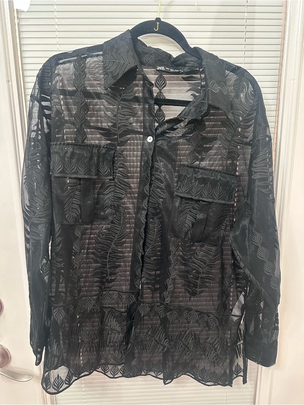 Black Sheer Embroidered Button-Up top
